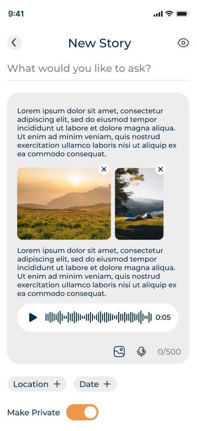 Story editor with photos, audio, and text